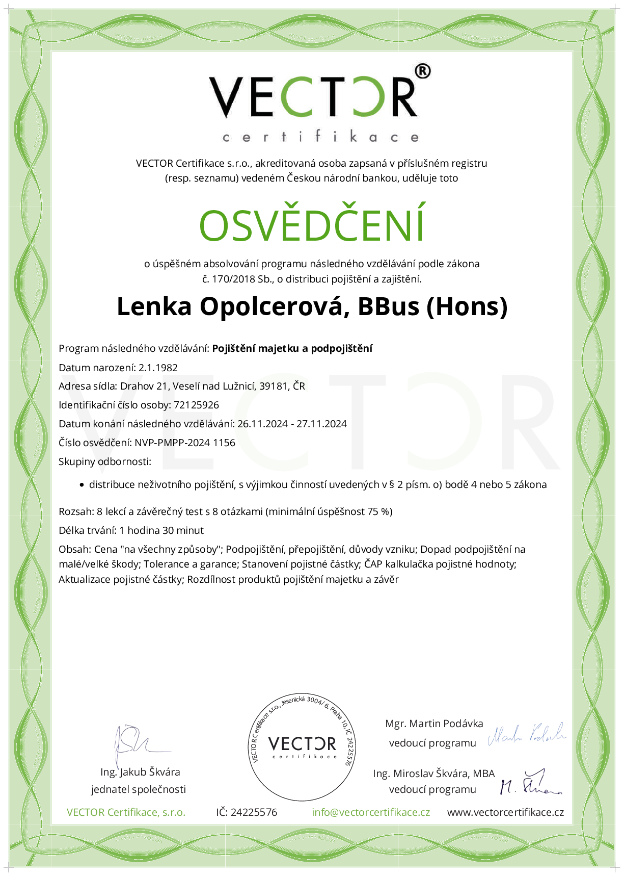 Osvědčení kurzu: Pojištění majetku a podpojištění (NVP-PMPP-2024)