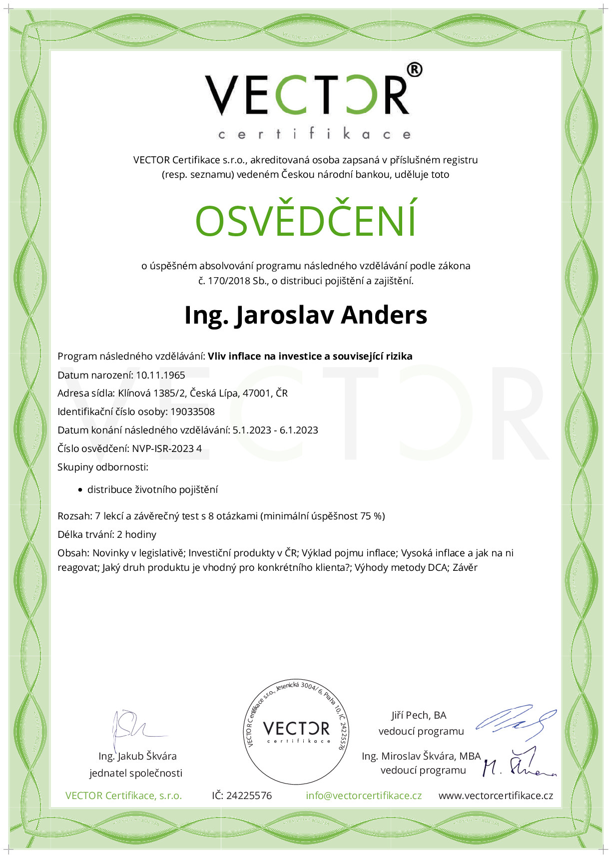 Osvědčení kurzu: Vliv inflace na investice a související rizika (NVP-ISR-2023)