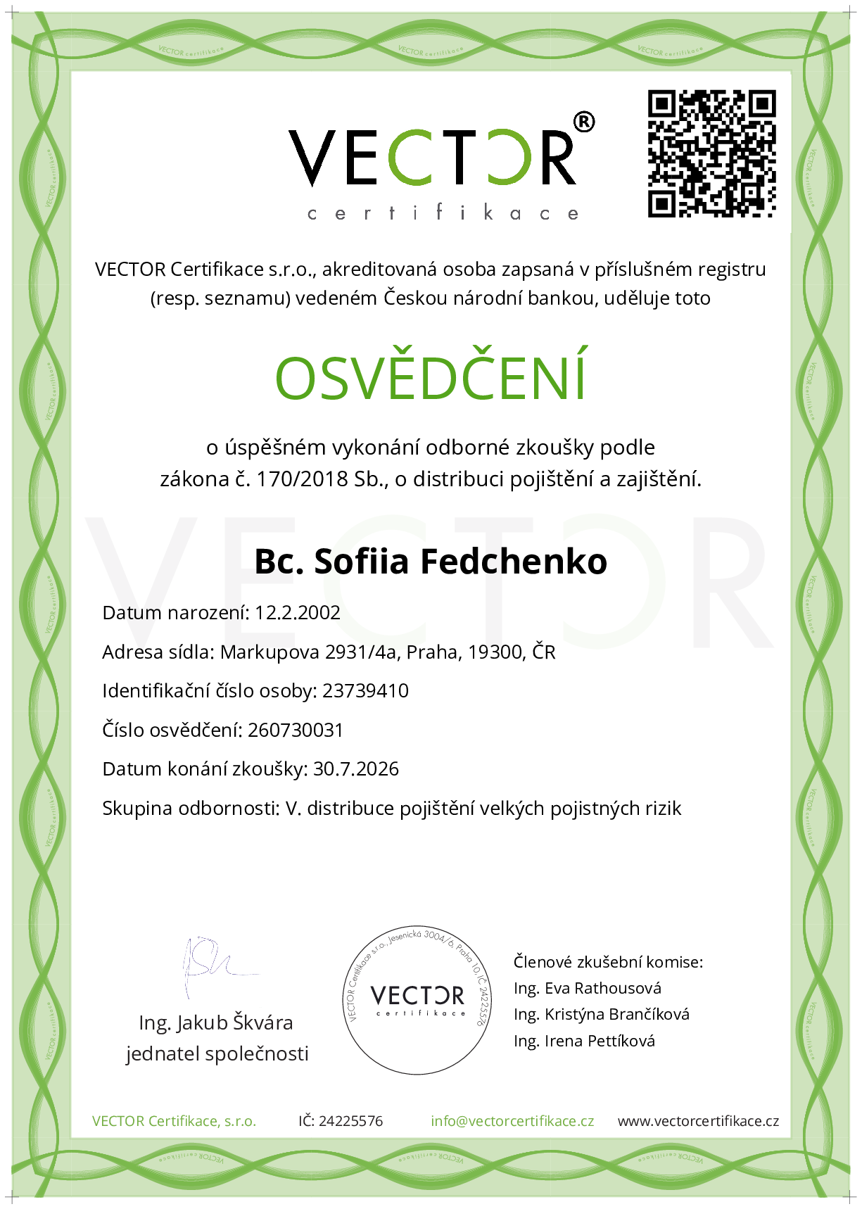 Osvědčení ze zkoušky: V. POJ-VPR - Pojištění velkých pojistných rizik