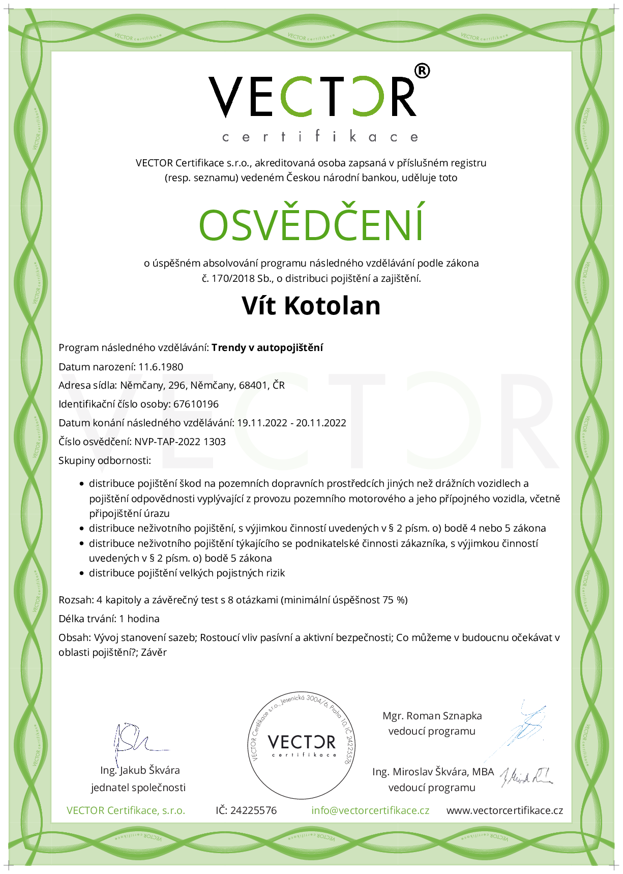 Osvědčení kurzu: Trendy v autopojištění (NVP-TAP-2022)