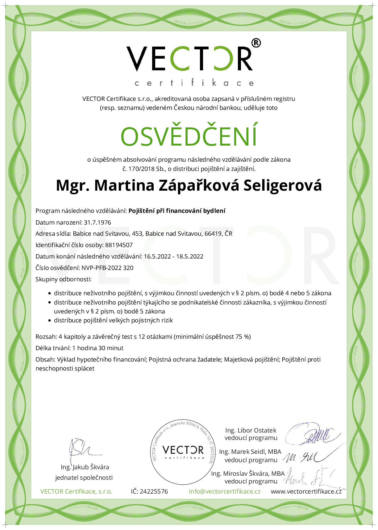 Osvědčení kurzu: Pojištění při financování bydlení (NVP-PFB-2022)
