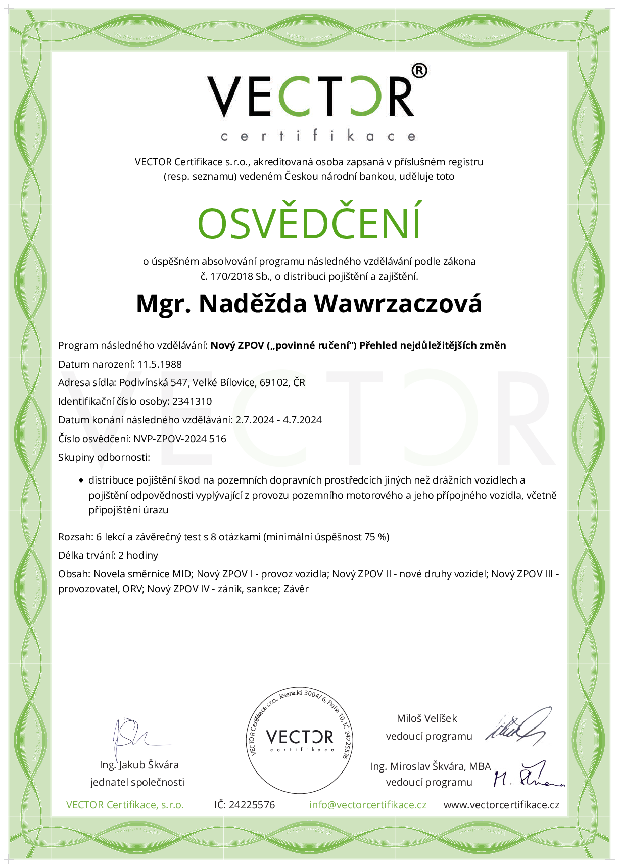 Osvědčení kurzu: Nový ZPOV („povinné ručení“) Přehled nejdůležitějších změn (NVP-ZPOV-2024)