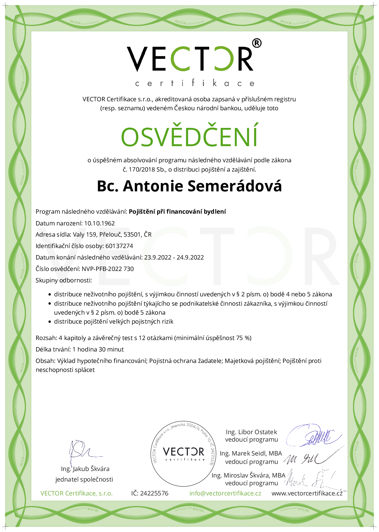 Osvědčení kurzu: Pojištění při financování bydlení (NVP-PFB-2022)