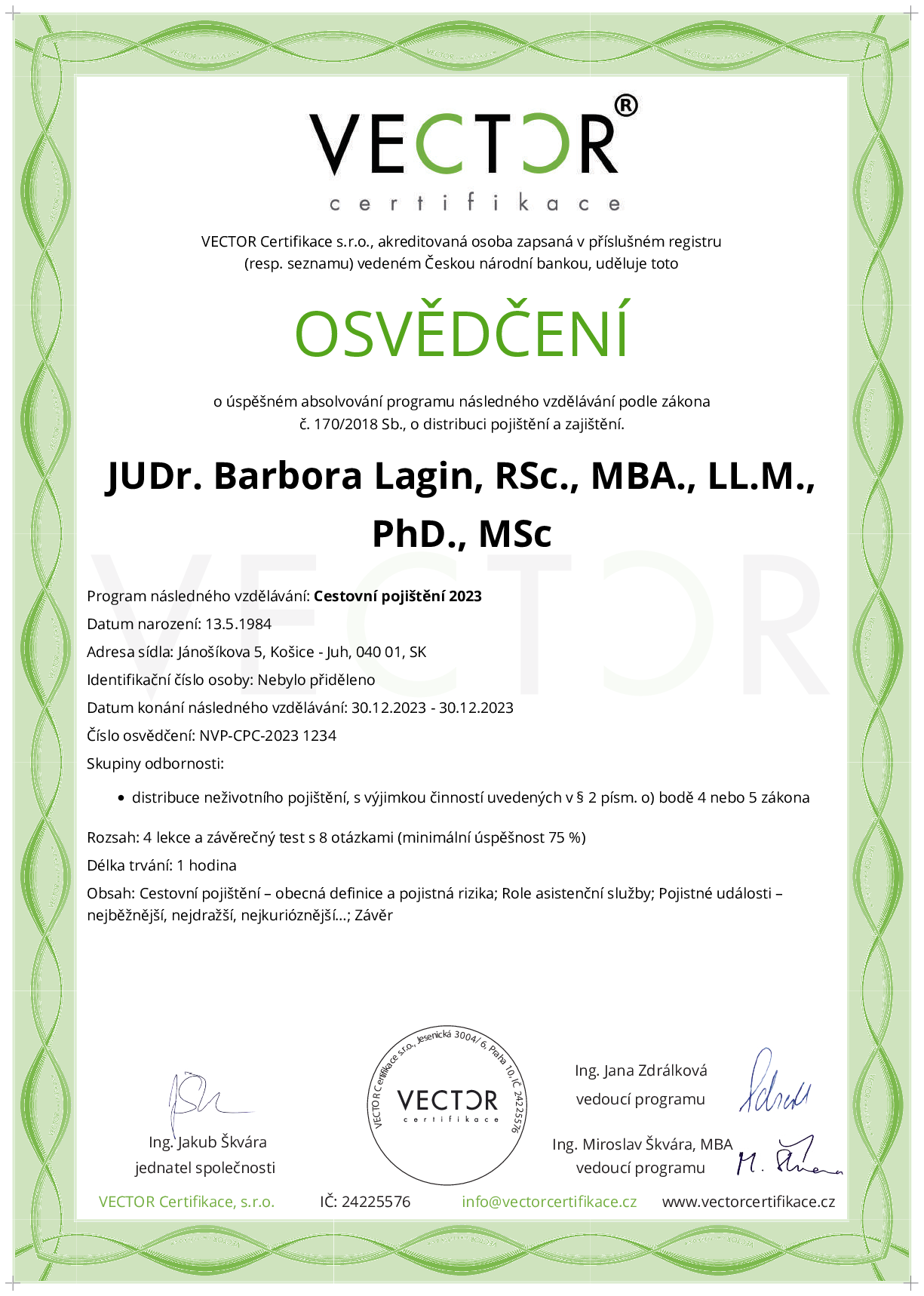 Osvědčení kurzu: Cestovní pojištění 2023 (NVP-CPC-2023)