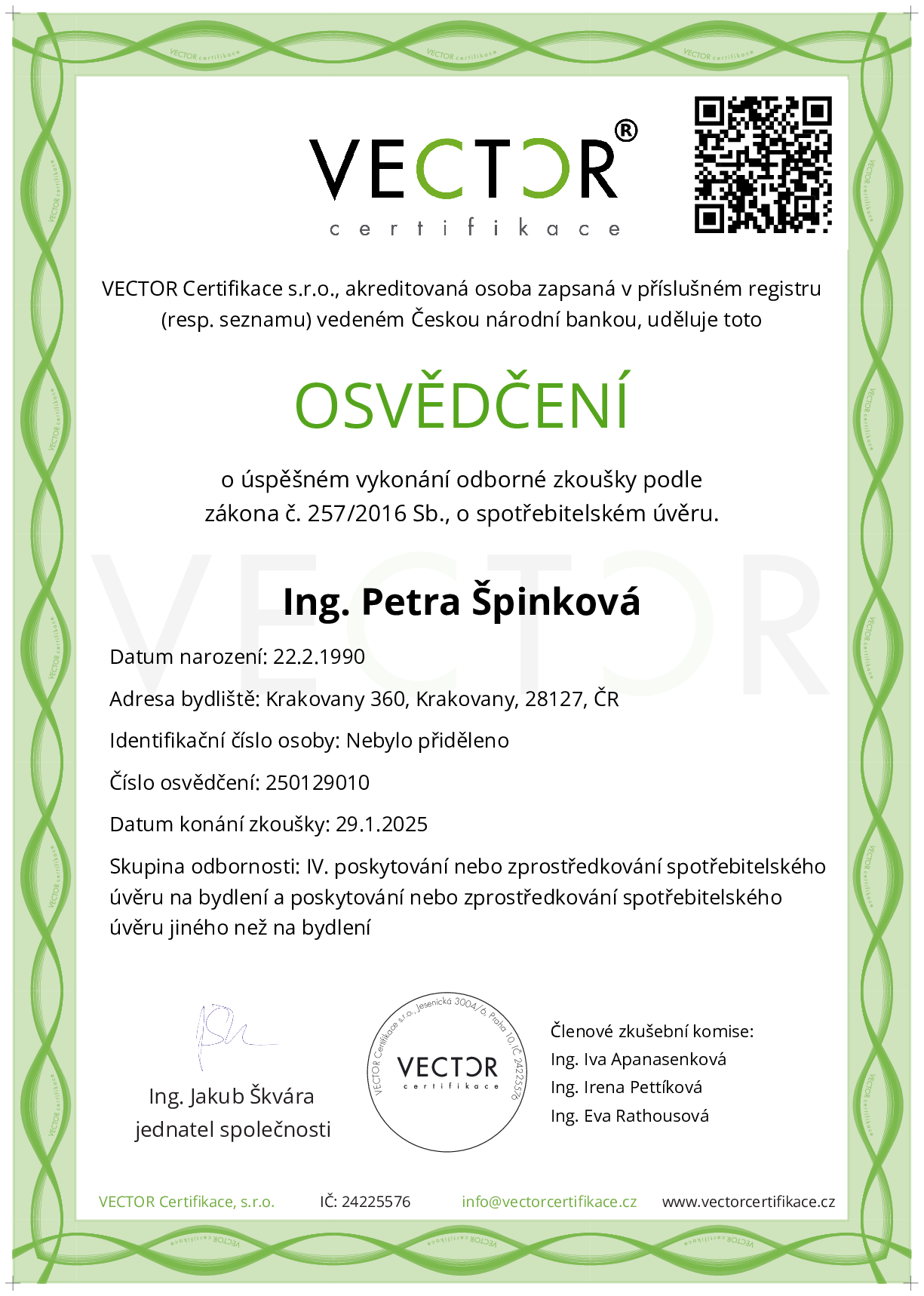 Osvědčení ze zkoušky: IV. ZSU-ABC - Souhrnná zkouška na úvěry