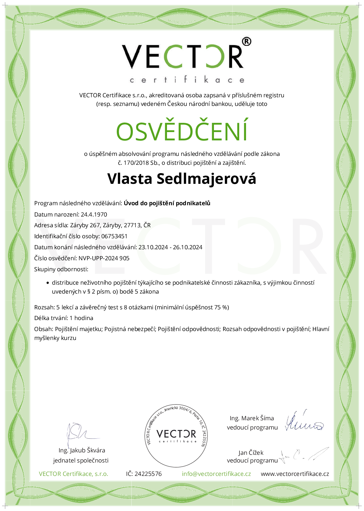 Osvědčení kurzu: Úvod do pojištění podnikatelů (NVP-UPP-2024)