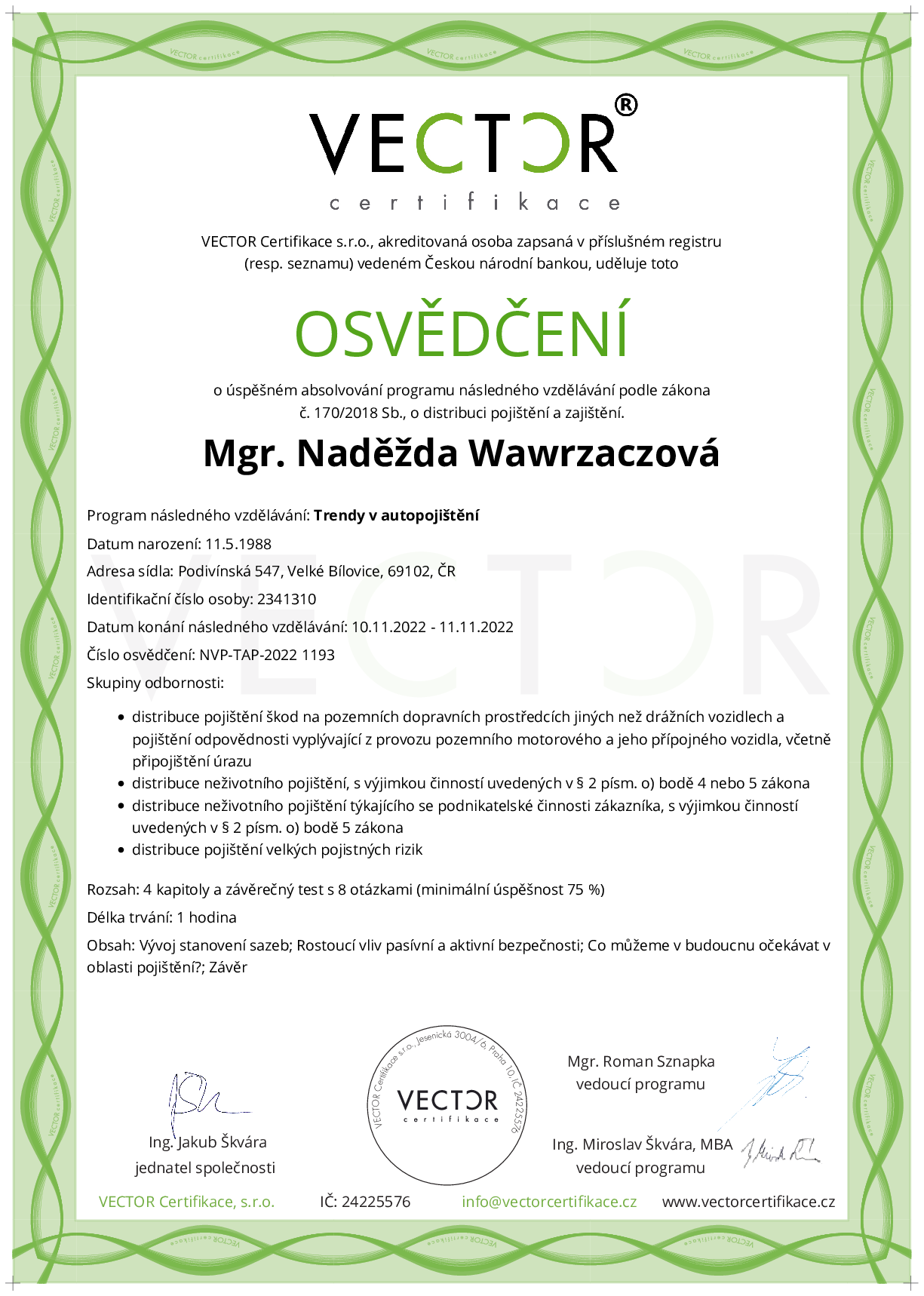 Osvědčení kurzu: Trendy v autopojištění (NVP-TAP-2022)