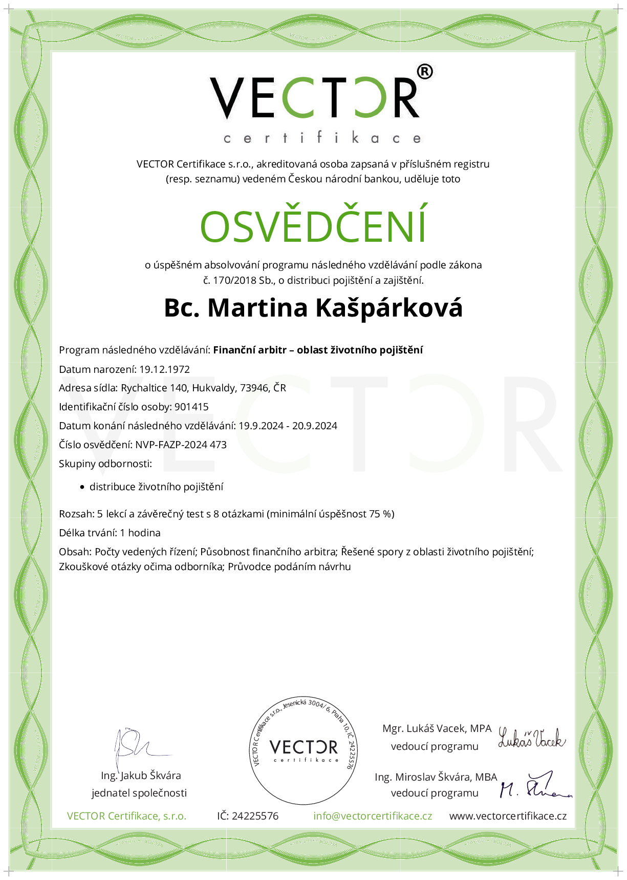 Osvědčení kurzu: Finanční arbitr – oblast životního pojištění (NVP-FAZP-2024)