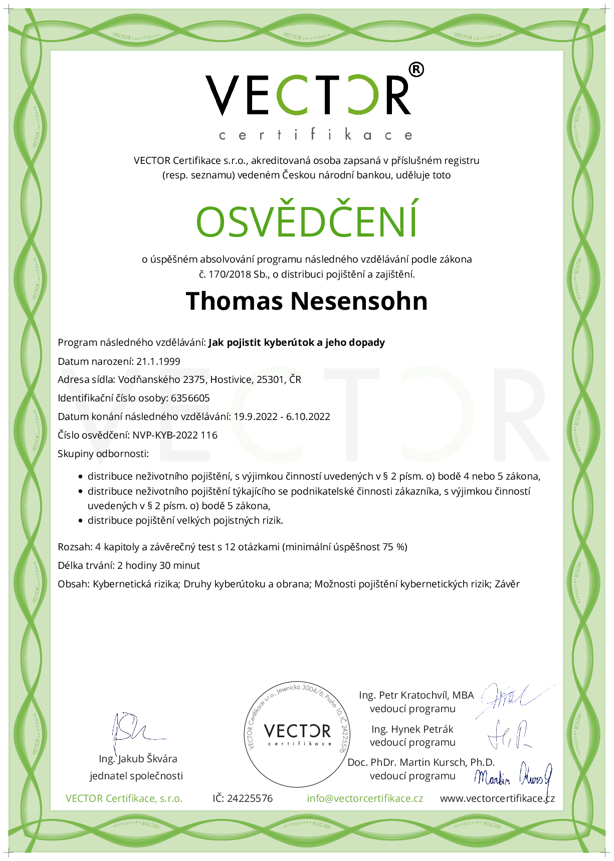 Osvědčení kurzu: Jak pojistit kyberútok a jeho dopady (NVP-KYB-2022)