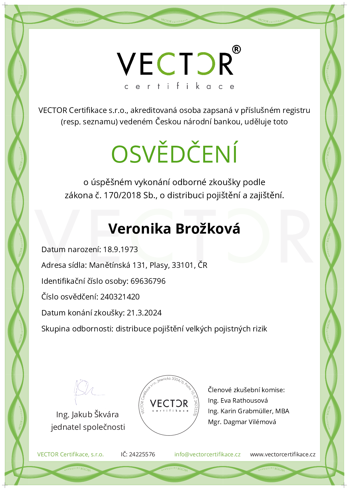 Osvědčení ze zkoušky: V. POJ-VPR - Pojištění velkých pojistných rizik