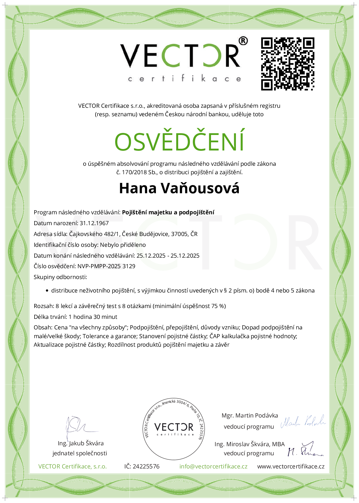 Osvědčení kurzu: Pojištění majetku a podpojištění (NVP-PMPP-2025)