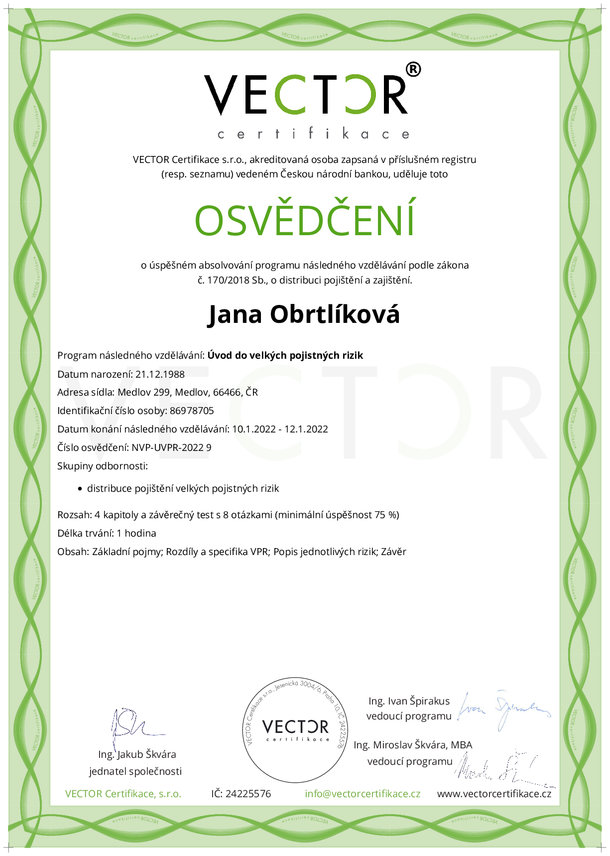 Osvědčení kurzu: Úvod do velkých pojistných rizik (NVP-UVPR-2022)