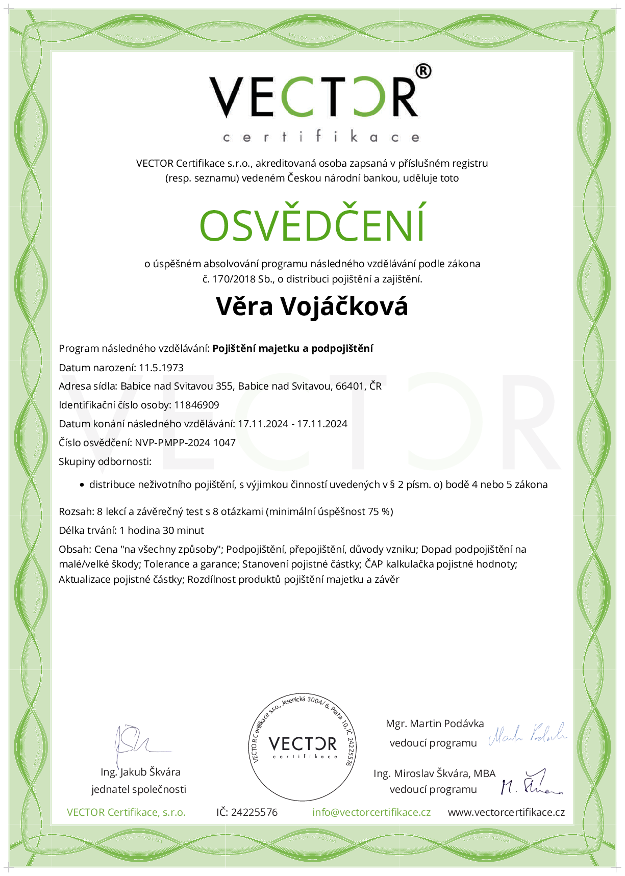 Osvědčení kurzu: Pojištění majetku a podpojištění (NVP-PMPP-2024)