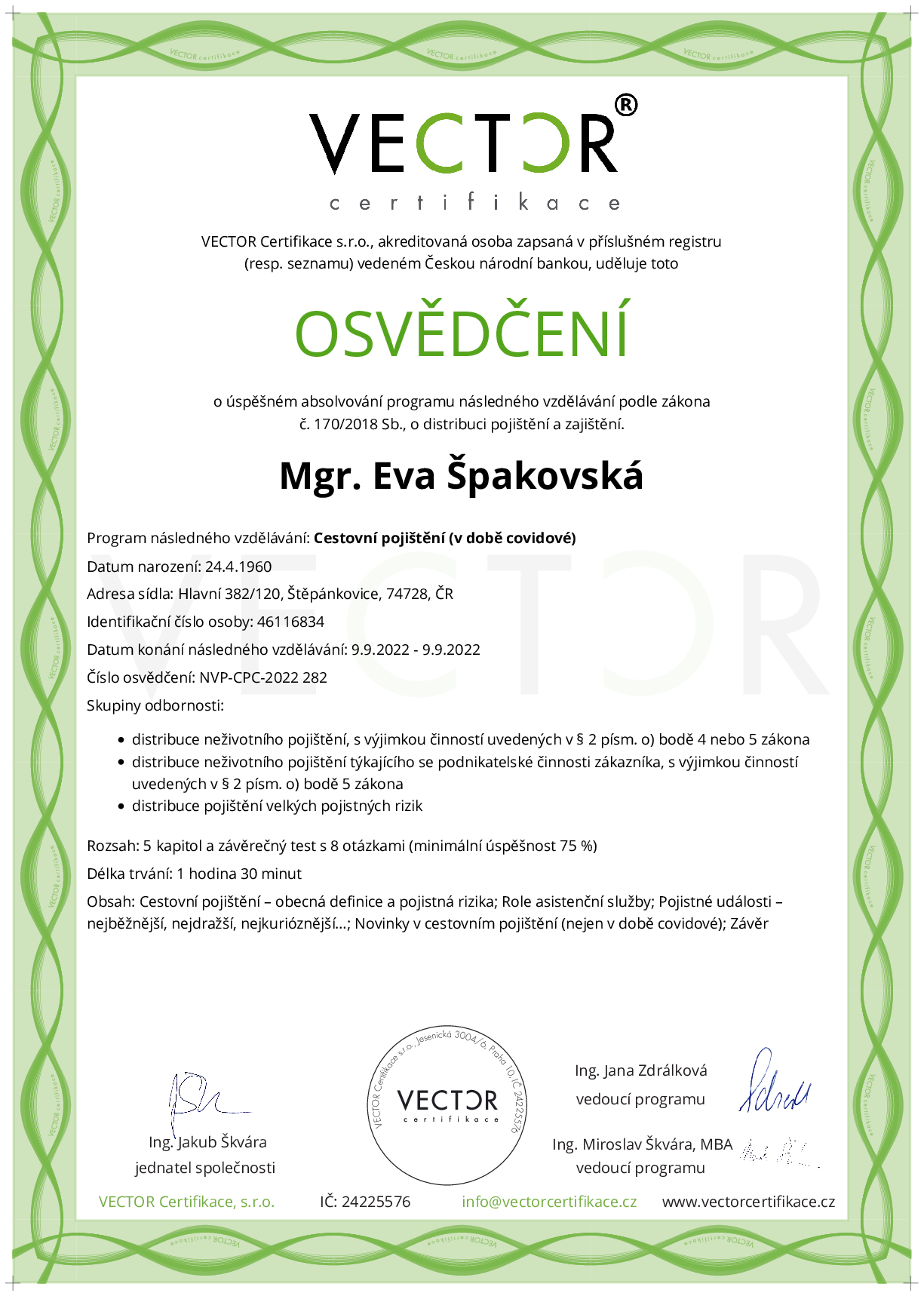 Osvědčení kurzu: Cestovní pojištění (v době covidové) (NVP-CPC-2022)