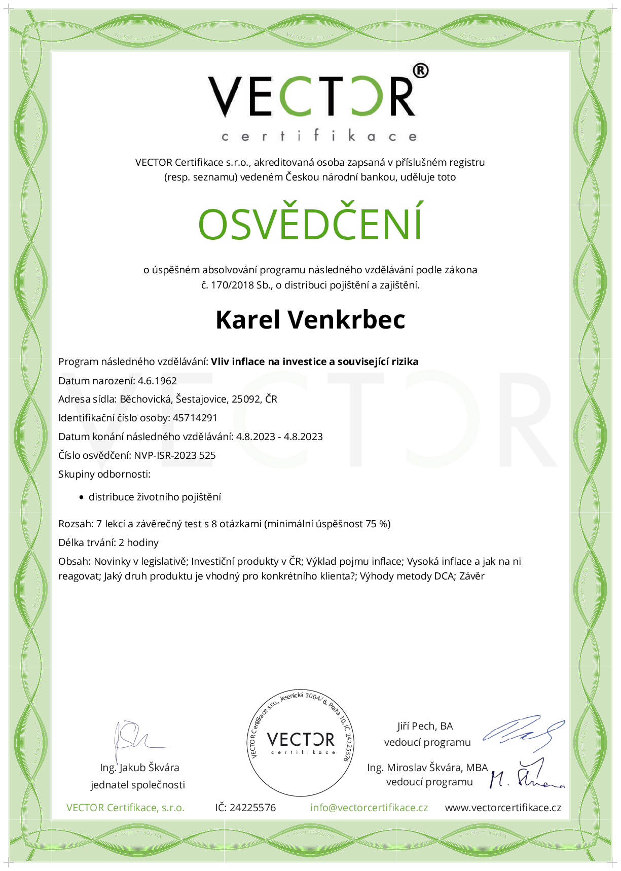 Osvědčení kurzu: Vliv inflace na investice a související rizika (NVP-ISR-2023)