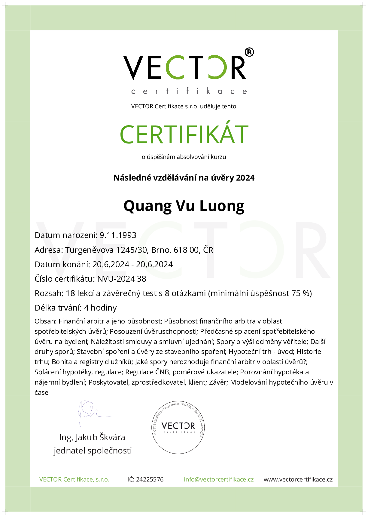 Osvědčení kurzu: Následné vzdělávání na úvěry 2024 (NVU-2024)