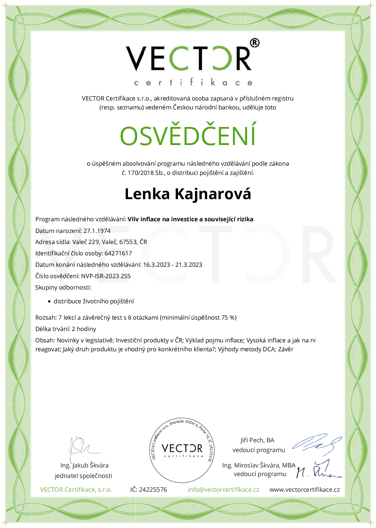 Osvědčení kurzu: Vliv inflace na investice a související rizika (NVP-ISR-2023)