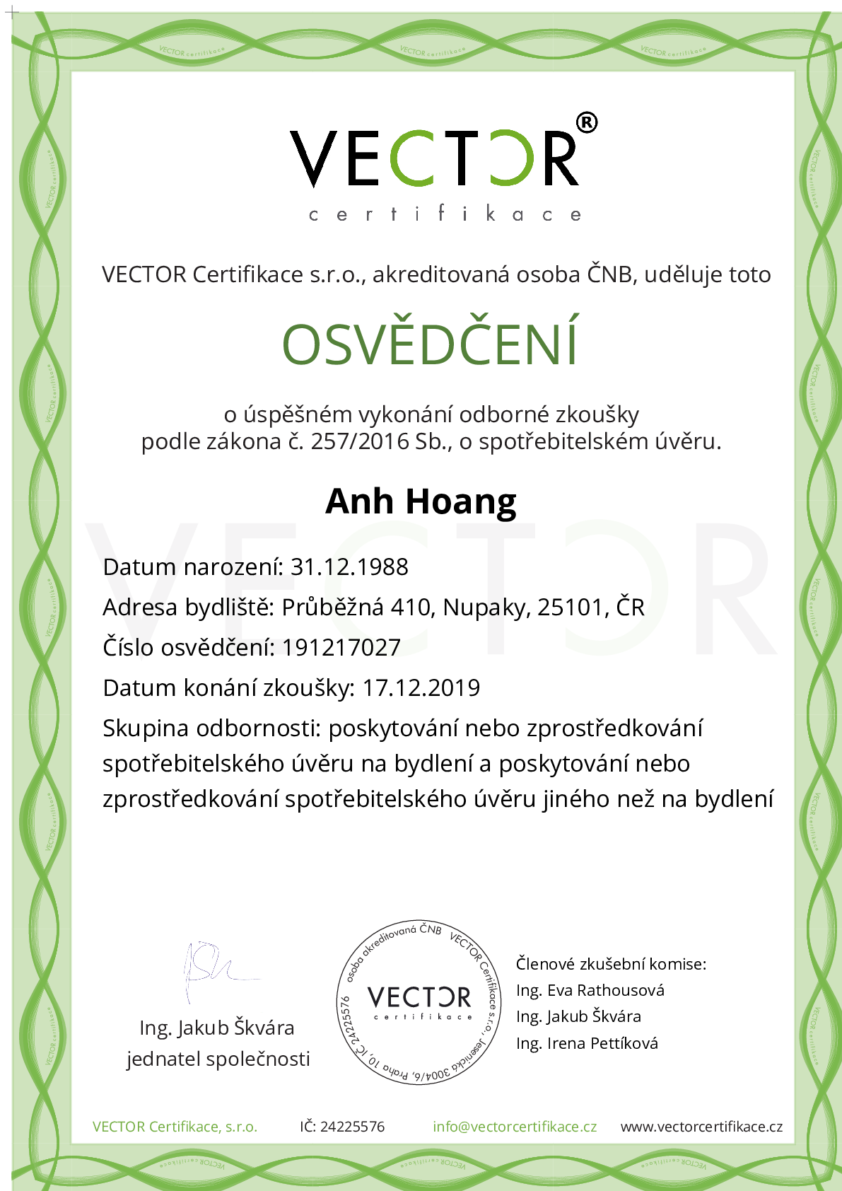 Osvědčení ze zkoušky: IV. ZSU-ABC - Souhrnná zkouška na úvěry