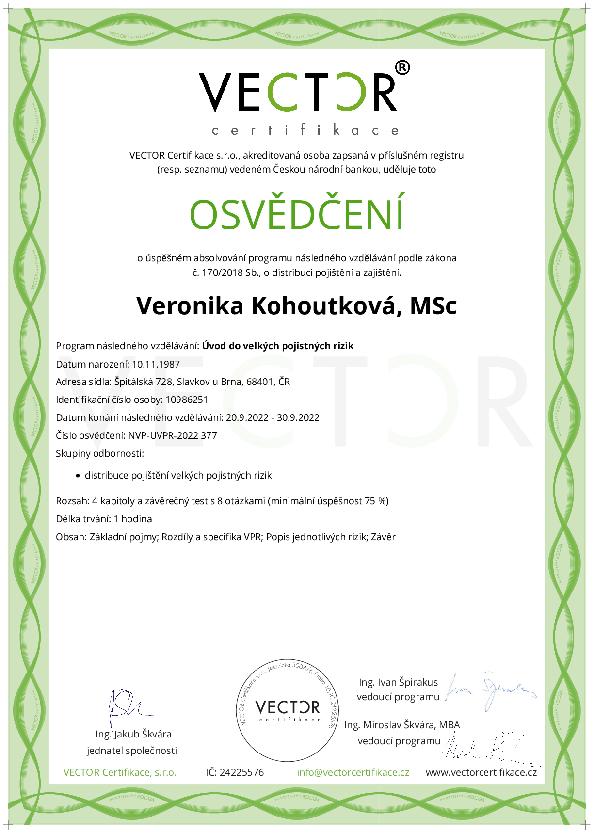 Osvědčení kurzu: Úvod do velkých pojistných rizik (NVP-UVPR-2022)