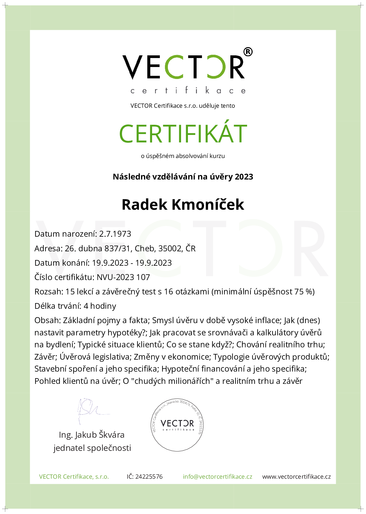Osvědčení kurzu: Následné vzdělávání na úvěry 2023 (NVU-2023)