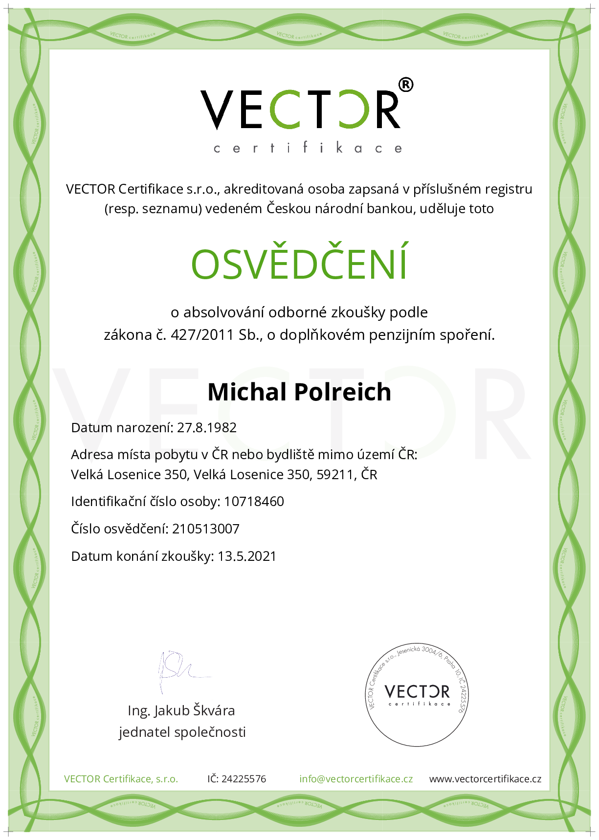 Osvědčení ze zkoušky: DPS - Doplňkové penzijní spoření