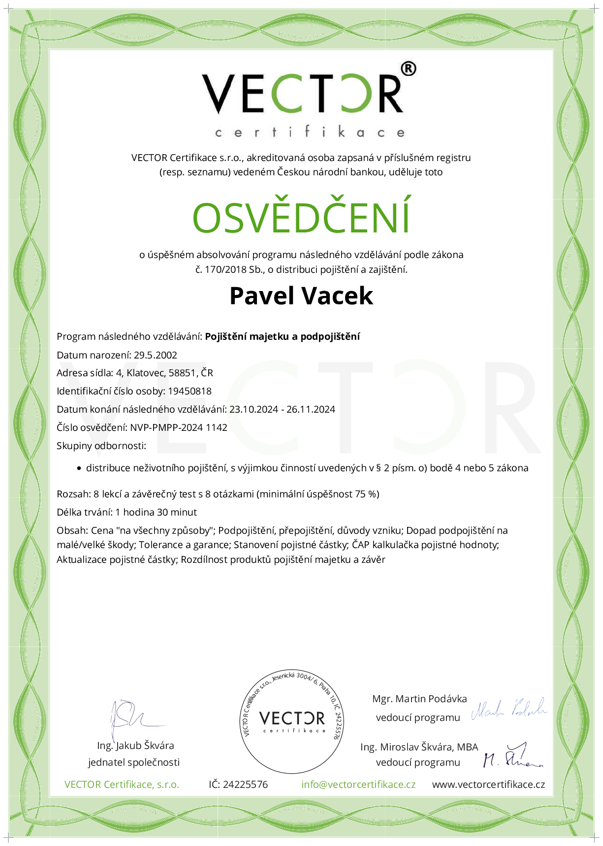 Osvědčení kurzu: Pojištění majetku a podpojištění (NVP-PMPP-2024)