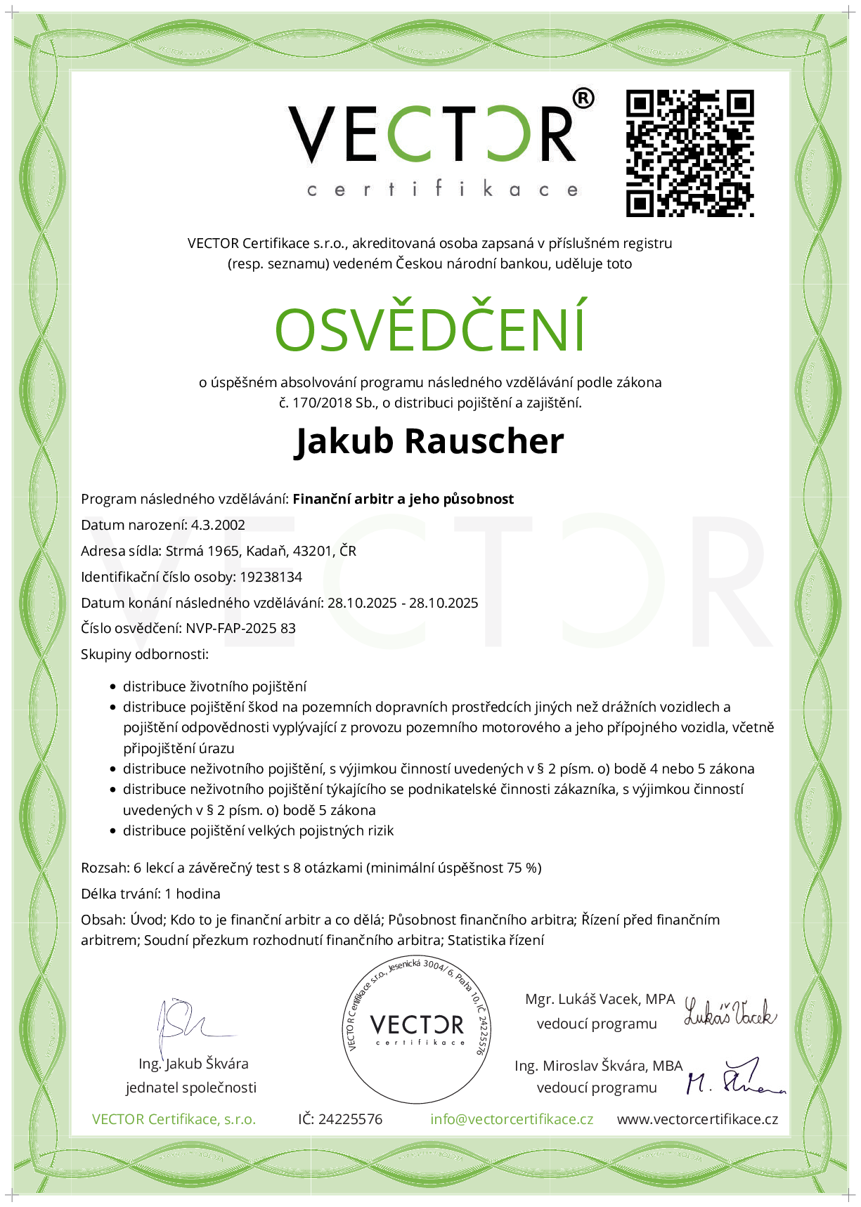 Osvědčení kurzu: Finanční arbitr a jeho působnost (NVP-FAP-2025)