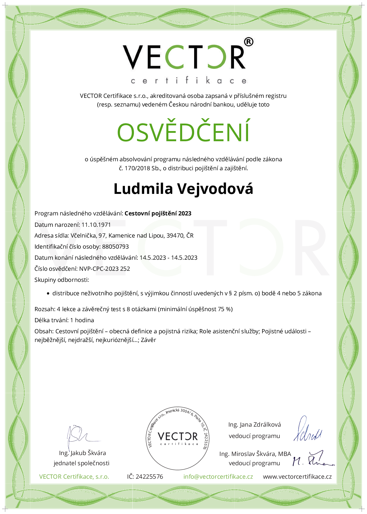 Osvědčení kurzu: Cestovní pojištění 2023 (NVP-CPC-2023)