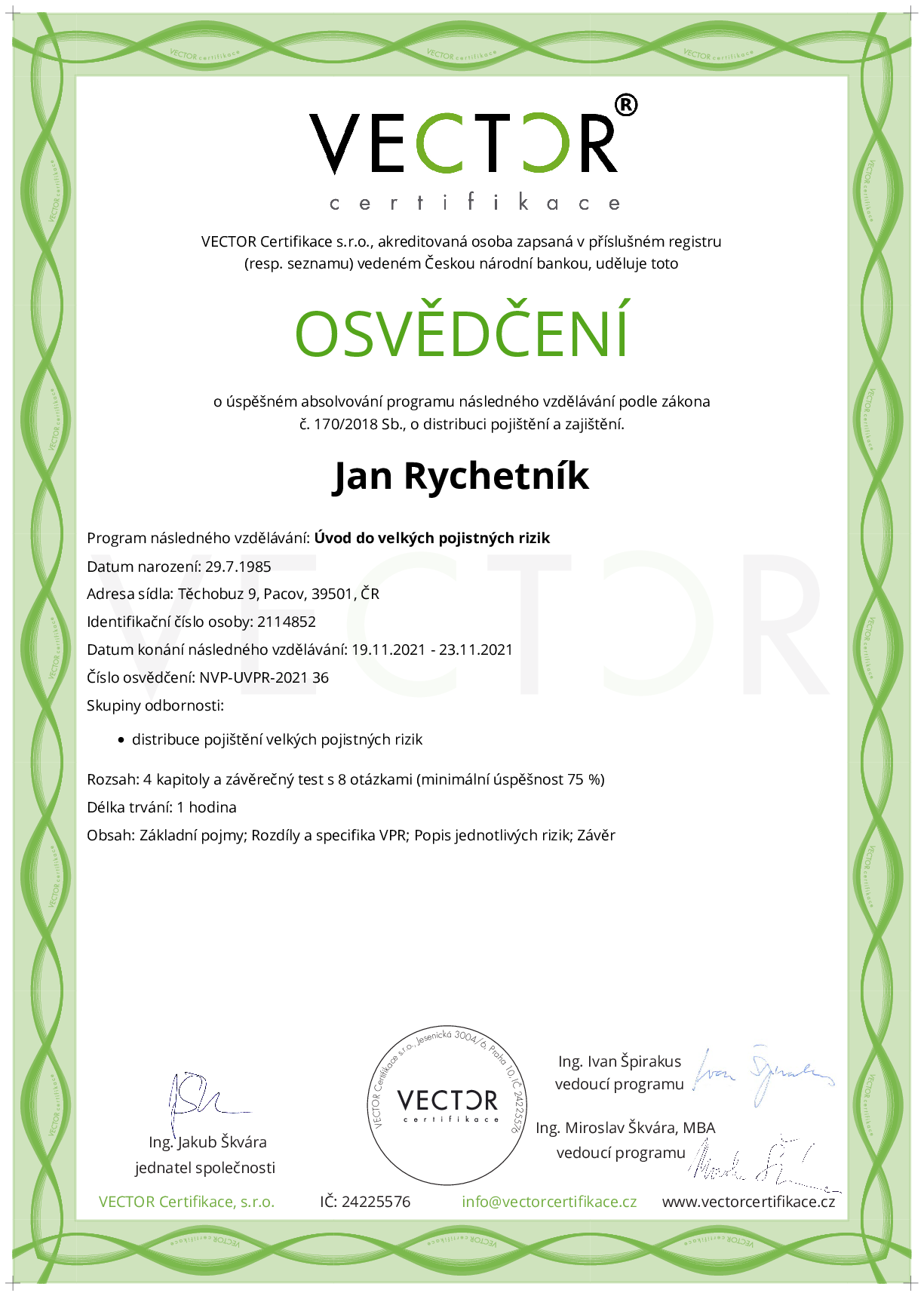 Osvědčení kurzu: Úvod do velkých pojistných rizik (NVP-UVPR-2021)