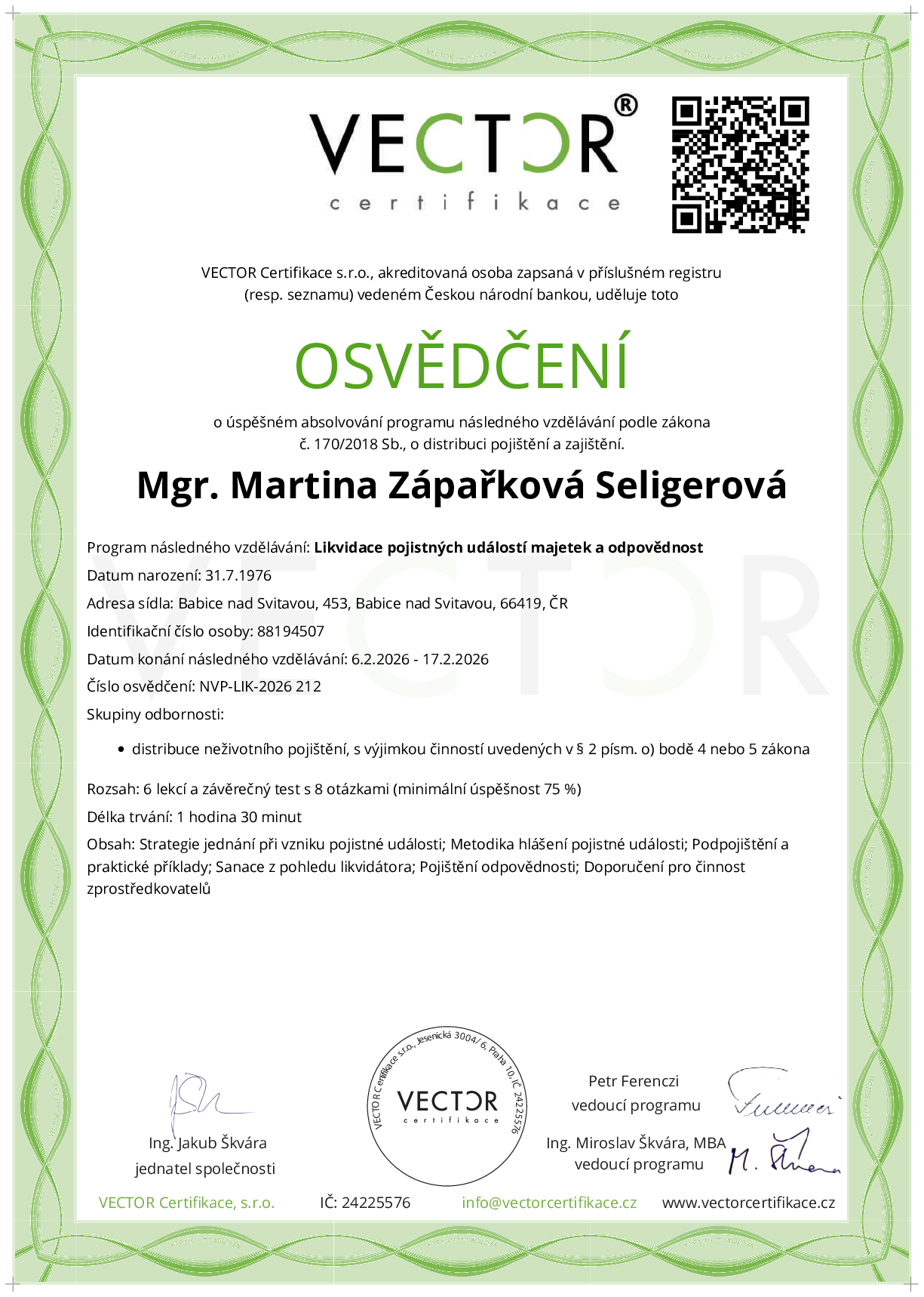 Osvědčení kurzu: Likvidace pojistných událostí majetek a odpovědnost (NVP-LIK-2026)