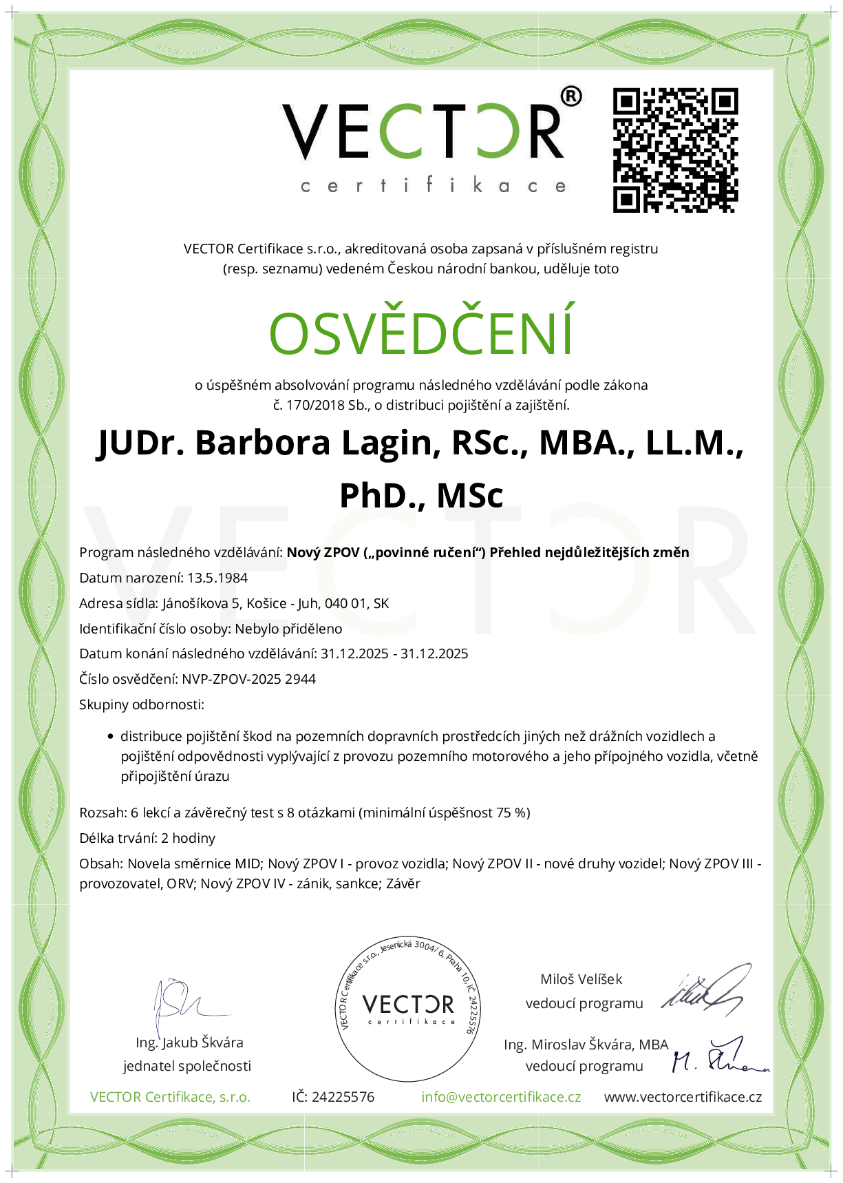 Osvědčení kurzu: Nový ZPOV („povinné ručení“) Přehled nejdůležitějších změn (NVP-ZPOV-2025)