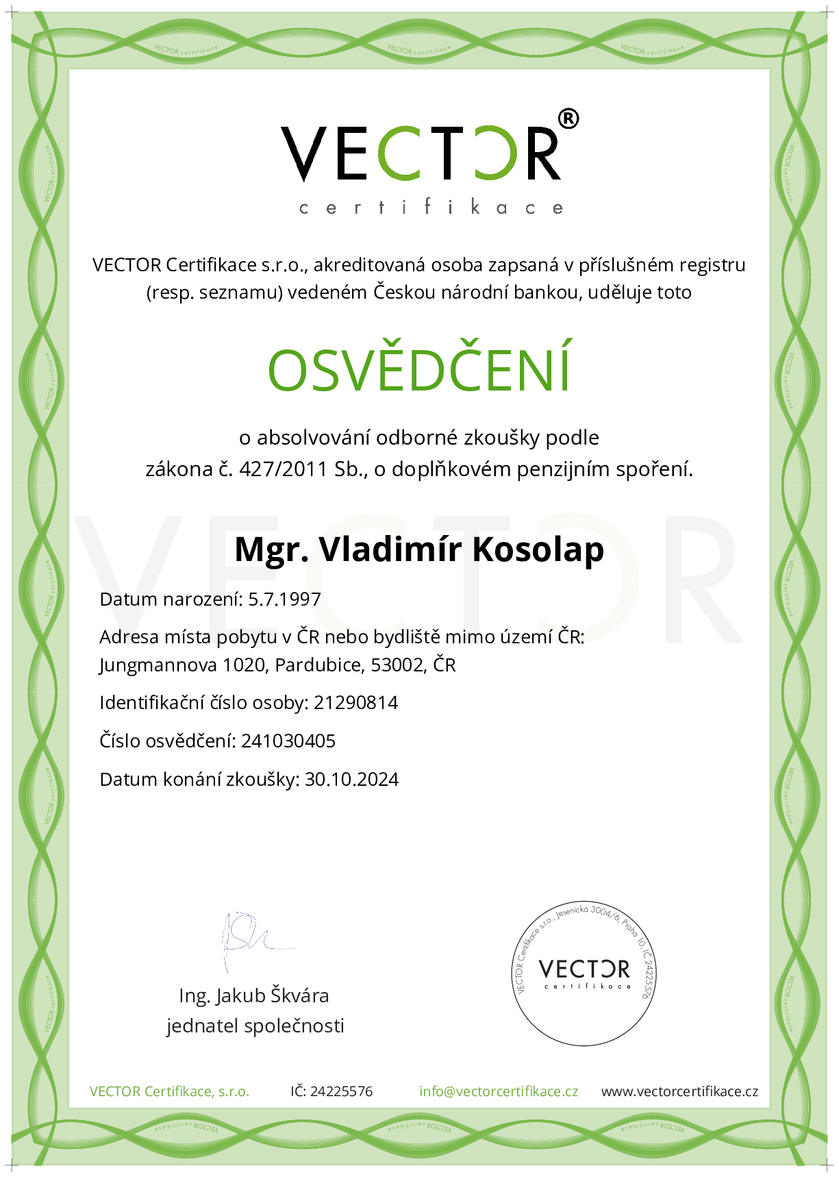 Osvědčení ze zkoušky: DPS - Doplňkové penzijní spoření