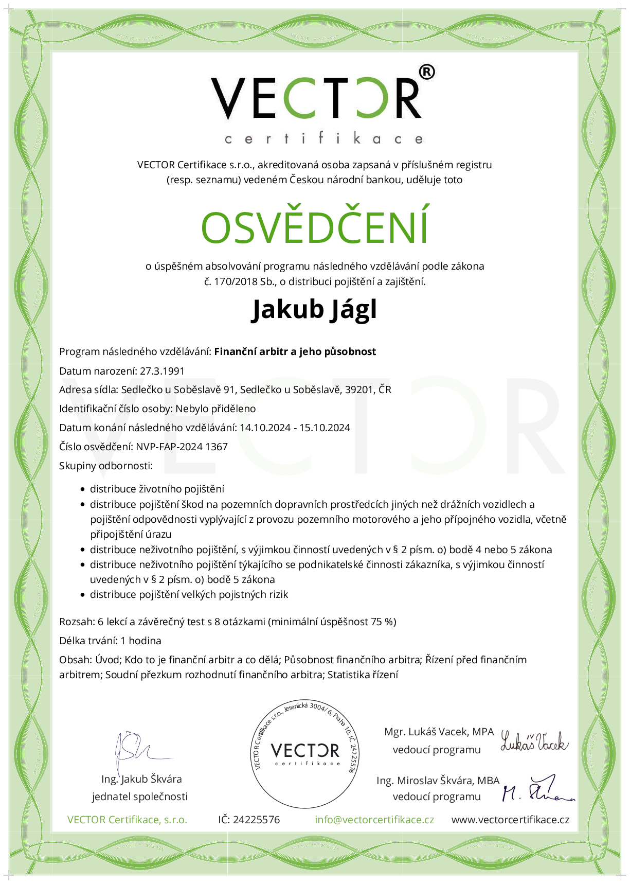 Osvědčení kurzu: Finanční arbitr a jeho působnost (NVP-FAP-2024)