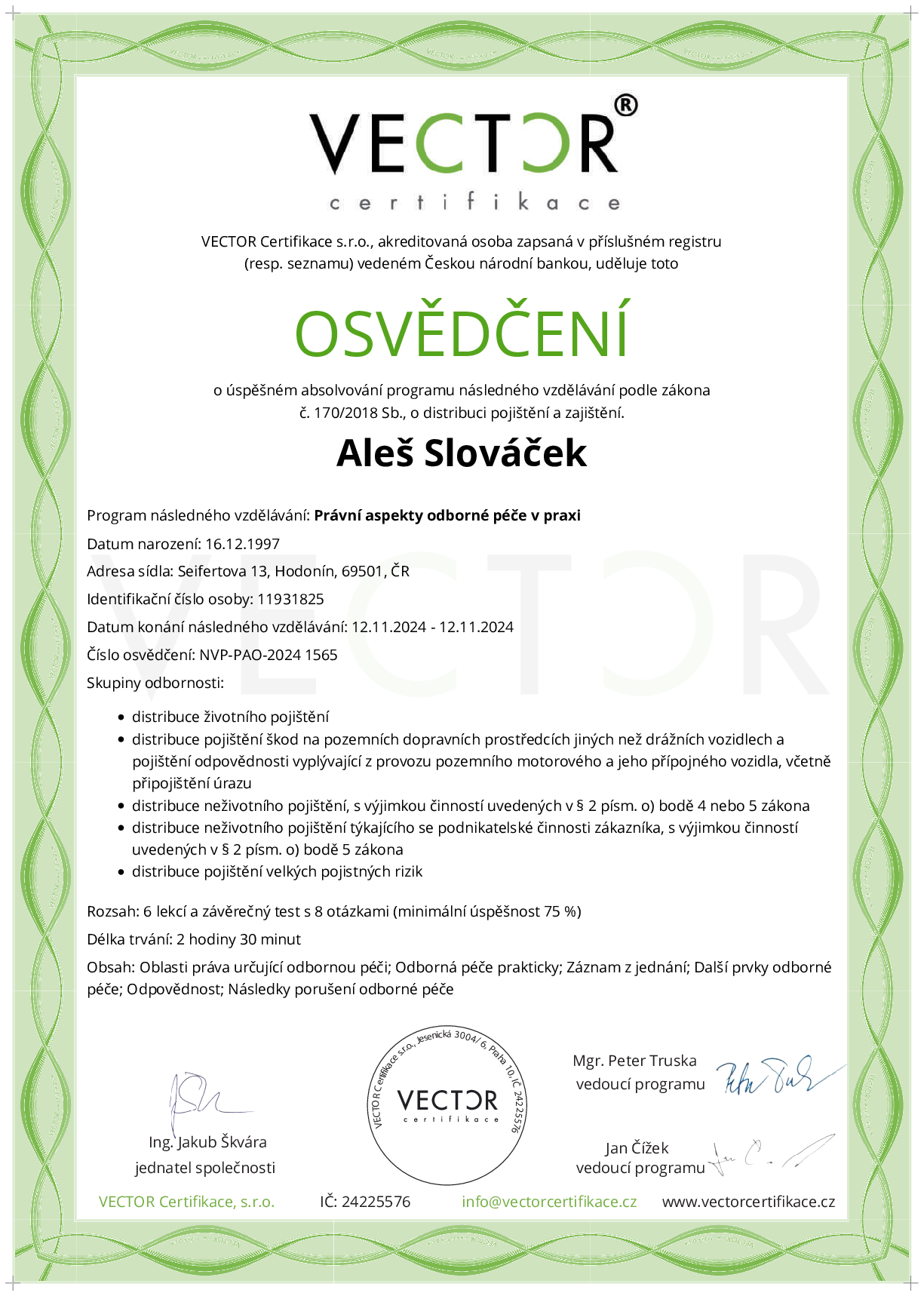 Osvědčení kurzu: Právní aspekty odborné péče v praxi (NVP-PAO-2024)