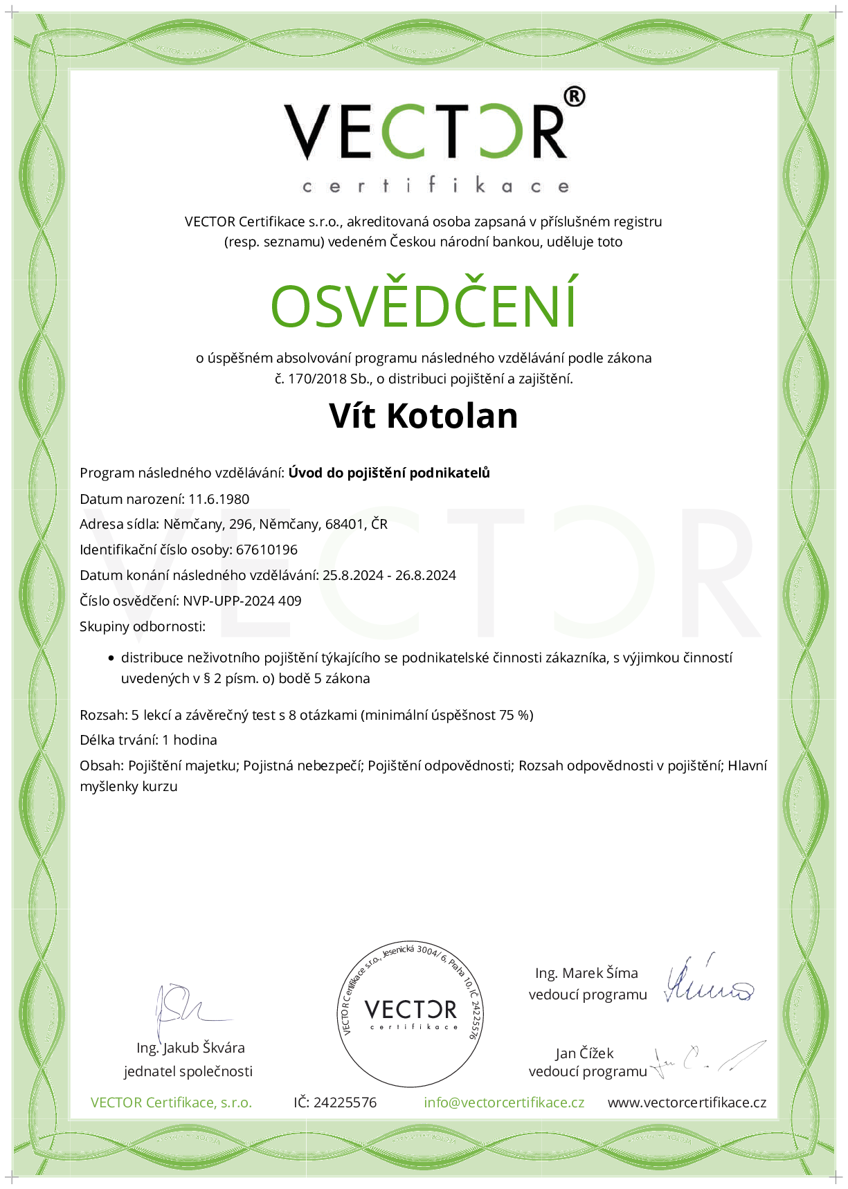 Osvědčení kurzu: Úvod do pojištění podnikatelů (NVP-UPP-2024)