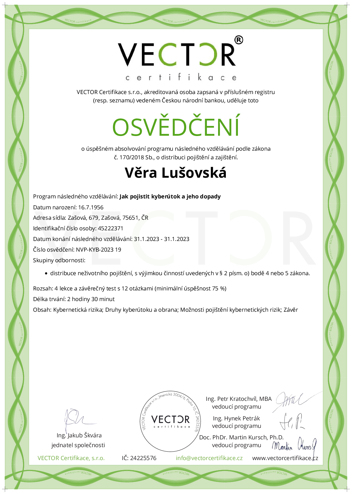 Osvědčení kurzu: Jak pojistit kyberútok a jeho dopady (NVP-KYB-2023)