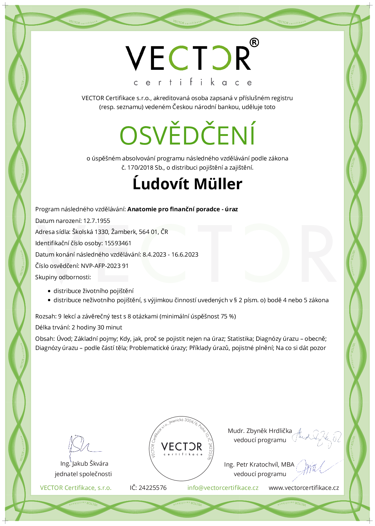 Osvědčení kurzu: Anatomie pro finanční poradce - úraz (NVP-AFP-2023)