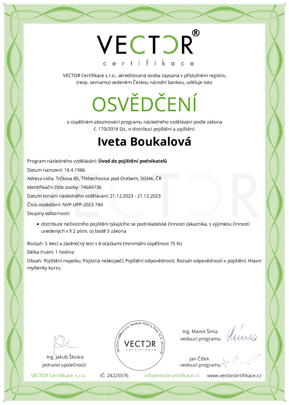 Osvědčení kurzu: Úvod do pojištění podnikatelů (NVP-UPP-2023)
