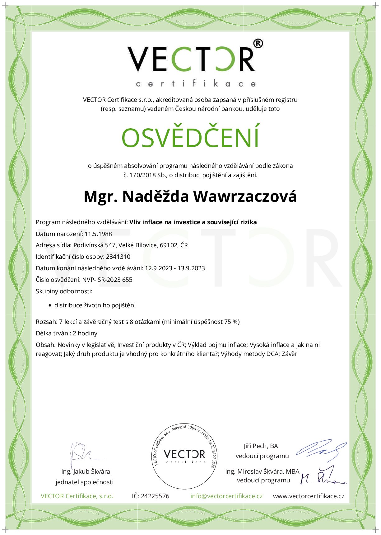 Osvědčení kurzu: Vliv inflace na investice a související rizika (NVP-ISR-2023)