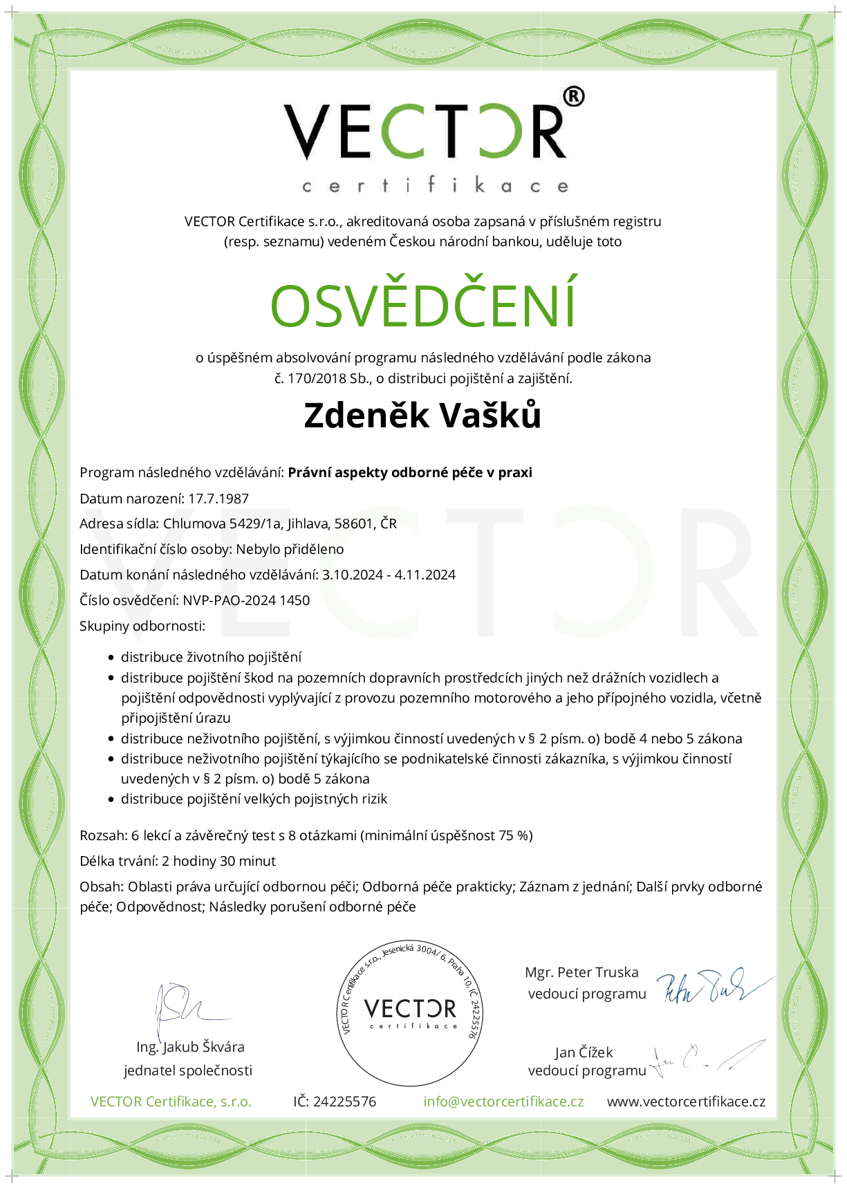 Osvědčení kurzu: Právní aspekty odborné péče v praxi (NVP-PAO-2024)