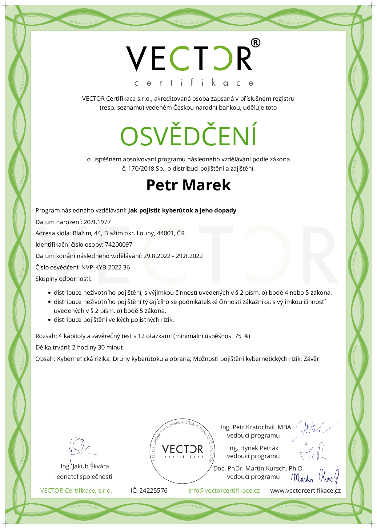 Osvědčení kurzu: Jak pojistit kyberútok a jeho dopady (NVP-KYB-2022)