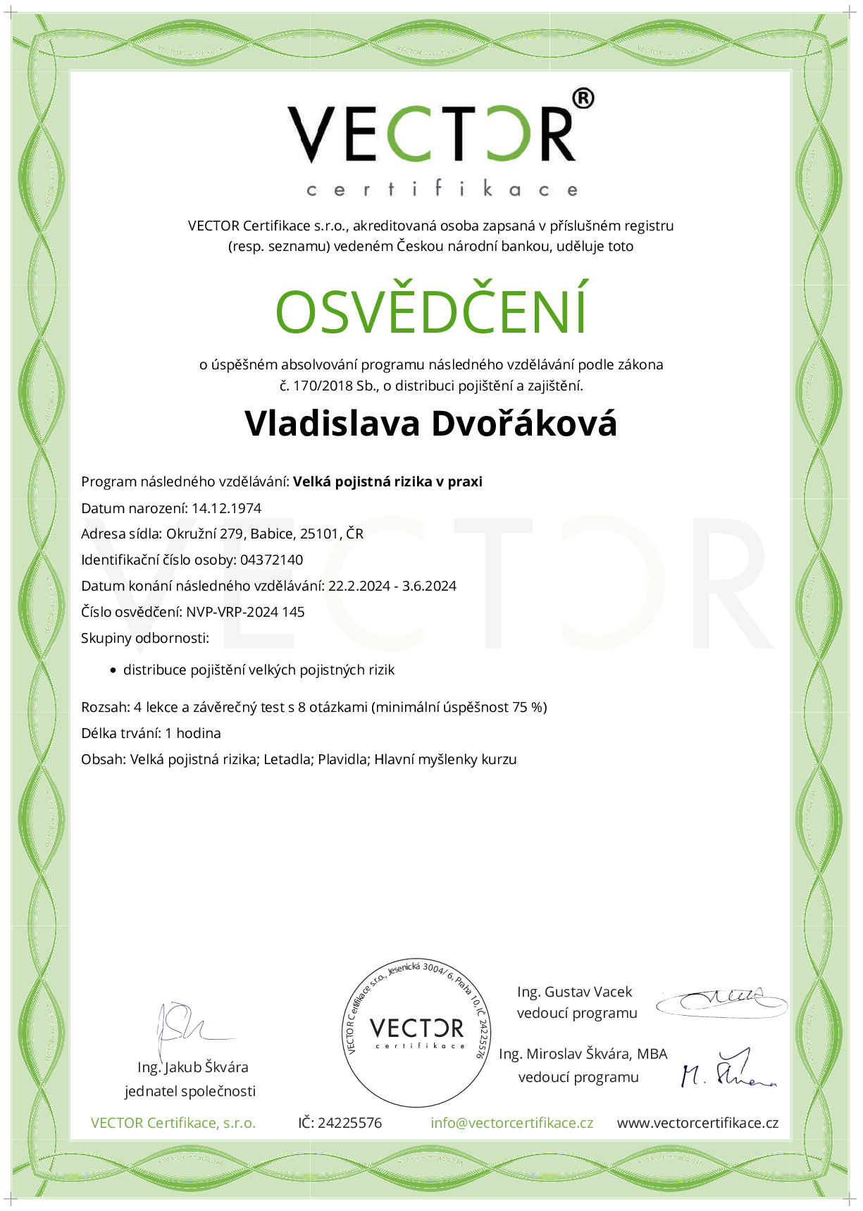 Osvědčení kurzu: Velká pojistná rizika v praxi (NVP-VRP-2024)