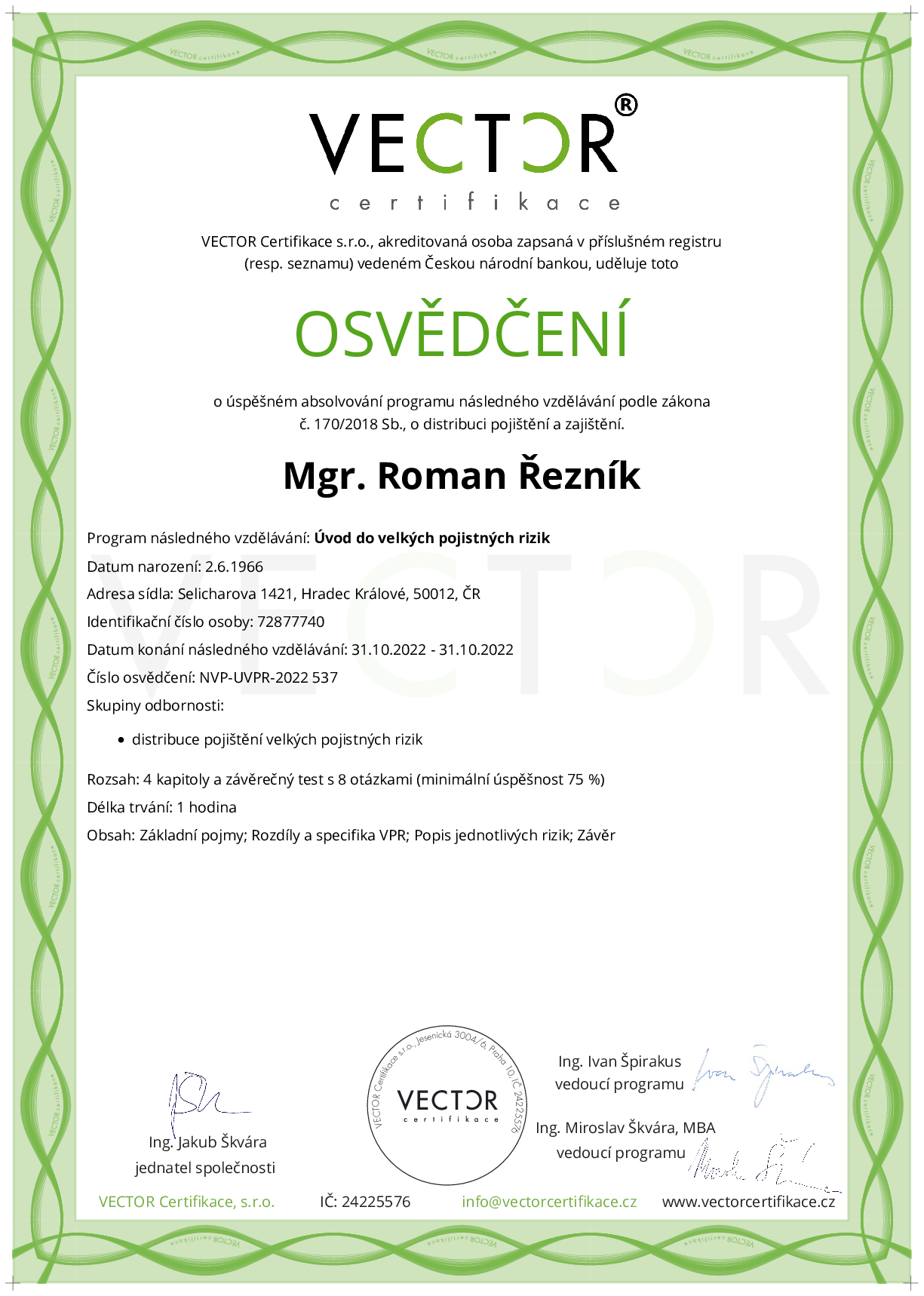 Osvědčení kurzu: Úvod do velkých pojistných rizik (NVP-UVPR-2022)