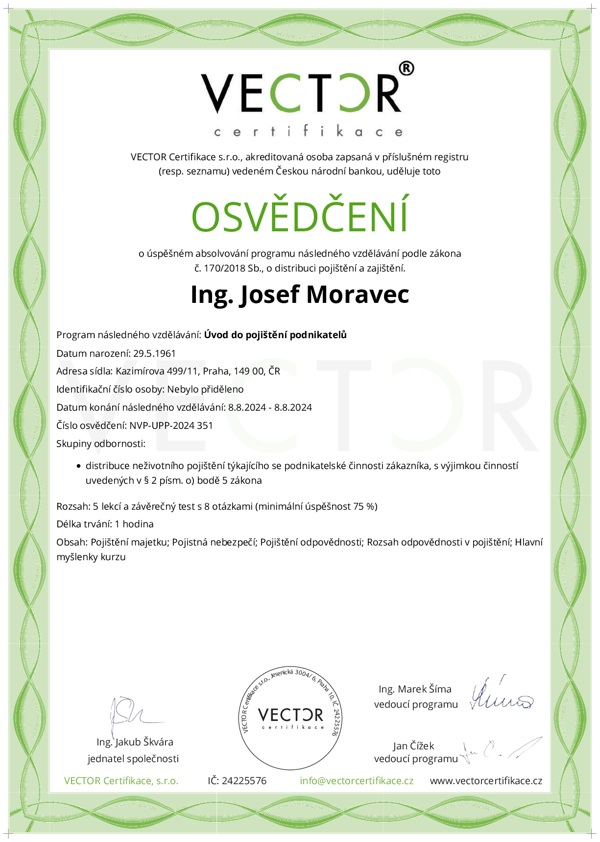 Osvědčení kurzu: Úvod do pojištění podnikatelů (NVP-UPP-2024)