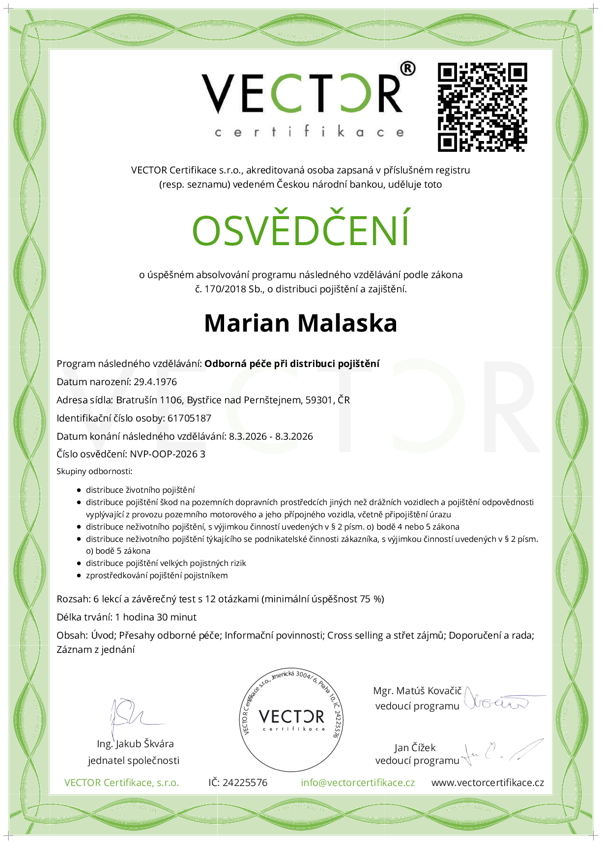 Osvědčení kurzu: Odborná péče při distribuci pojištění (NVP-OOP-2026)