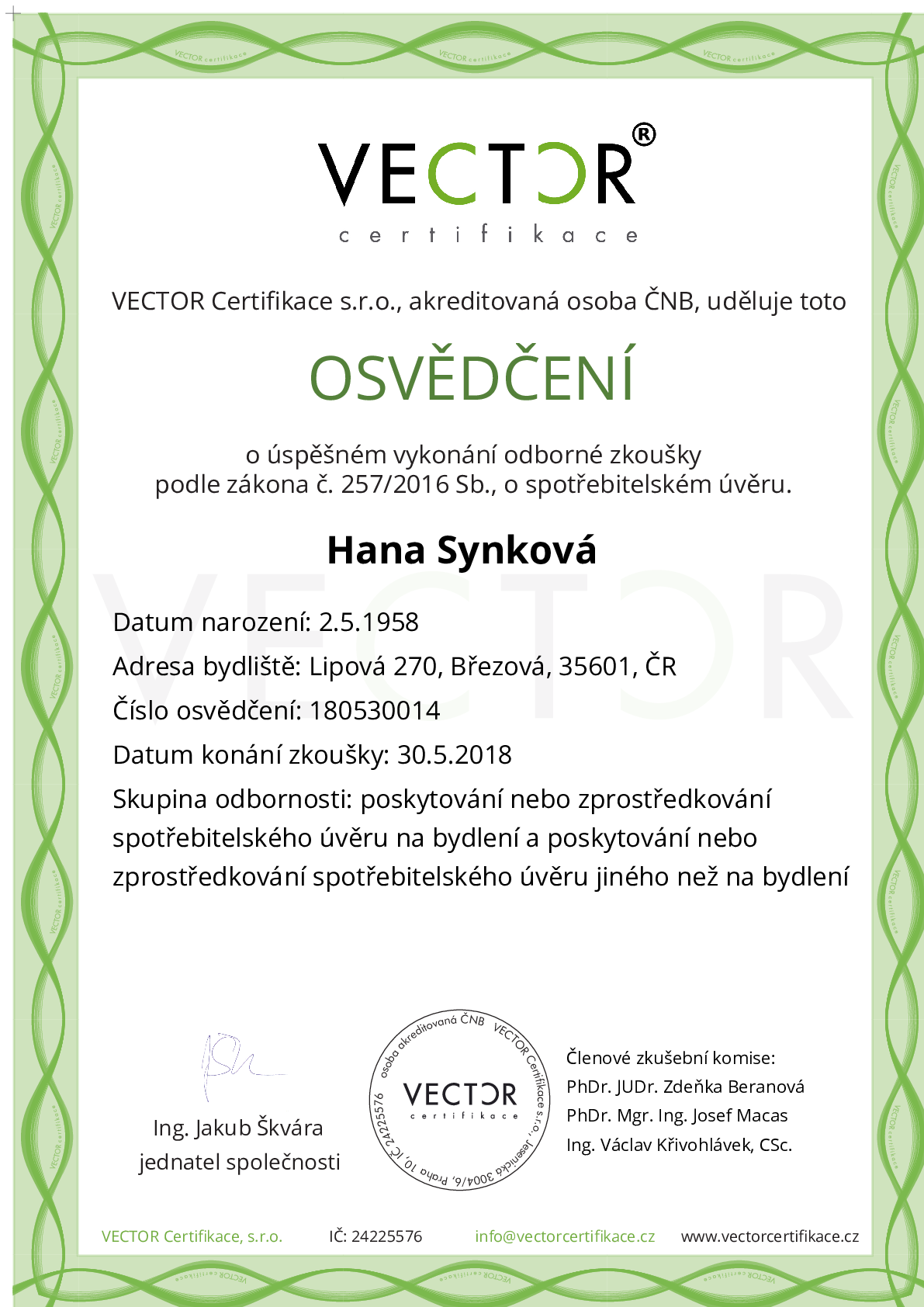Osvědčení ze zkoušky: IV. ZSU-ABC - Souhrnná zkouška na úvěry