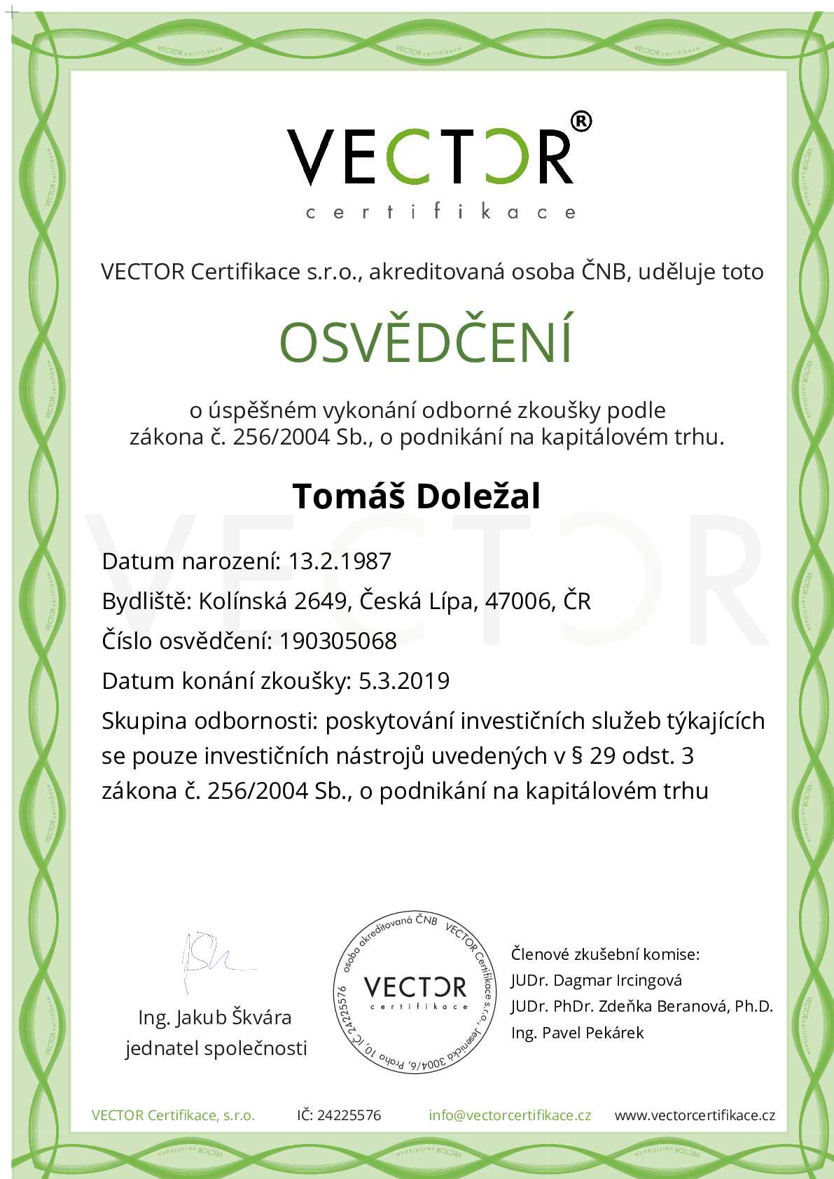 Osvědčení ze zkoušky: I. INV-ZPR - Investiční zprostředkovatel