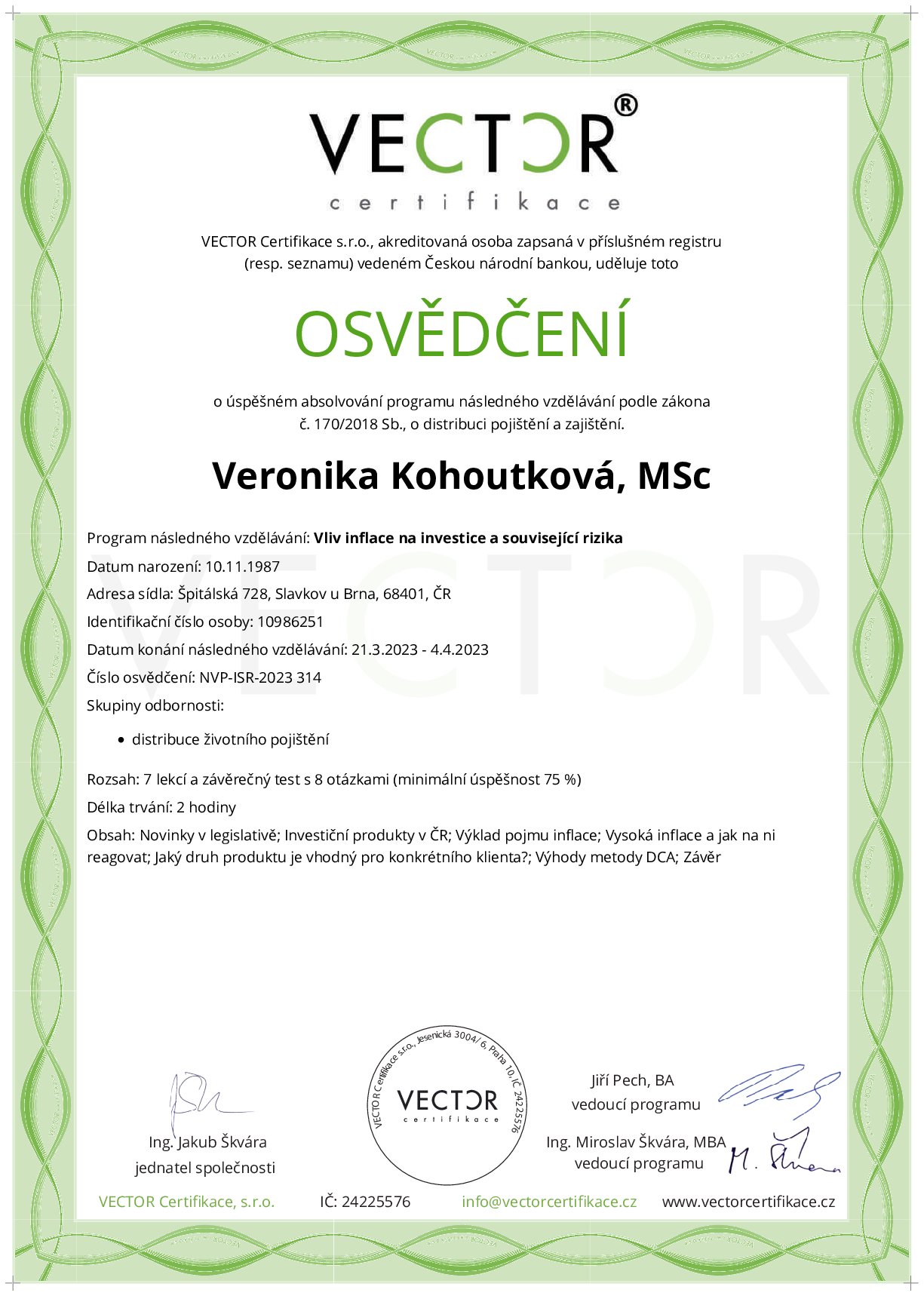 Osvědčení kurzu: Vliv inflace na investice a související rizika (NVP-ISR-2023)