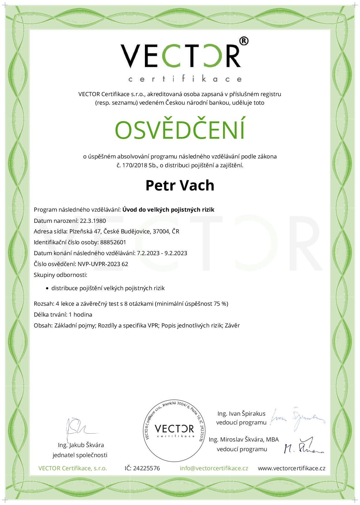 Osvědčení kurzu: Úvod do velkých pojistných rizik (NVP-UVPR-2023)