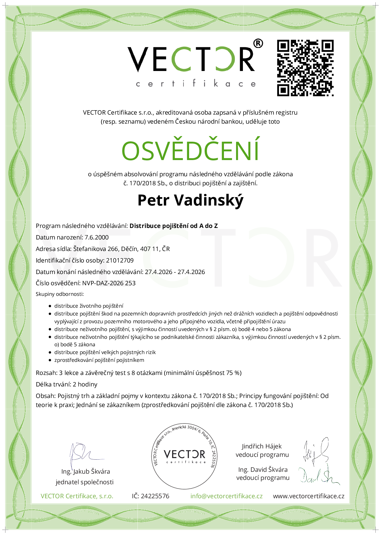 Osvědčení kurzu: Distribuce pojištění od A do Z (NVP-DAZ-2026)